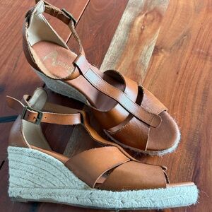 Elegant Brown Leather Espadrille Wedges